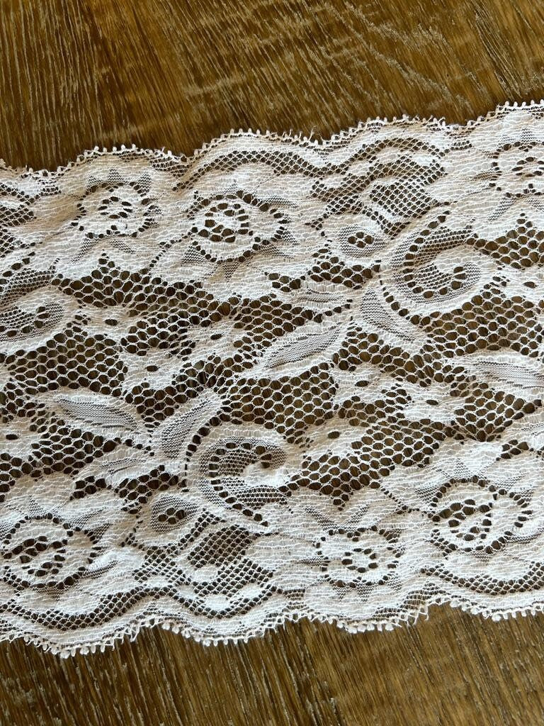 6" Floral Textured Stretch Lace Trim, Double Scalloped Edge