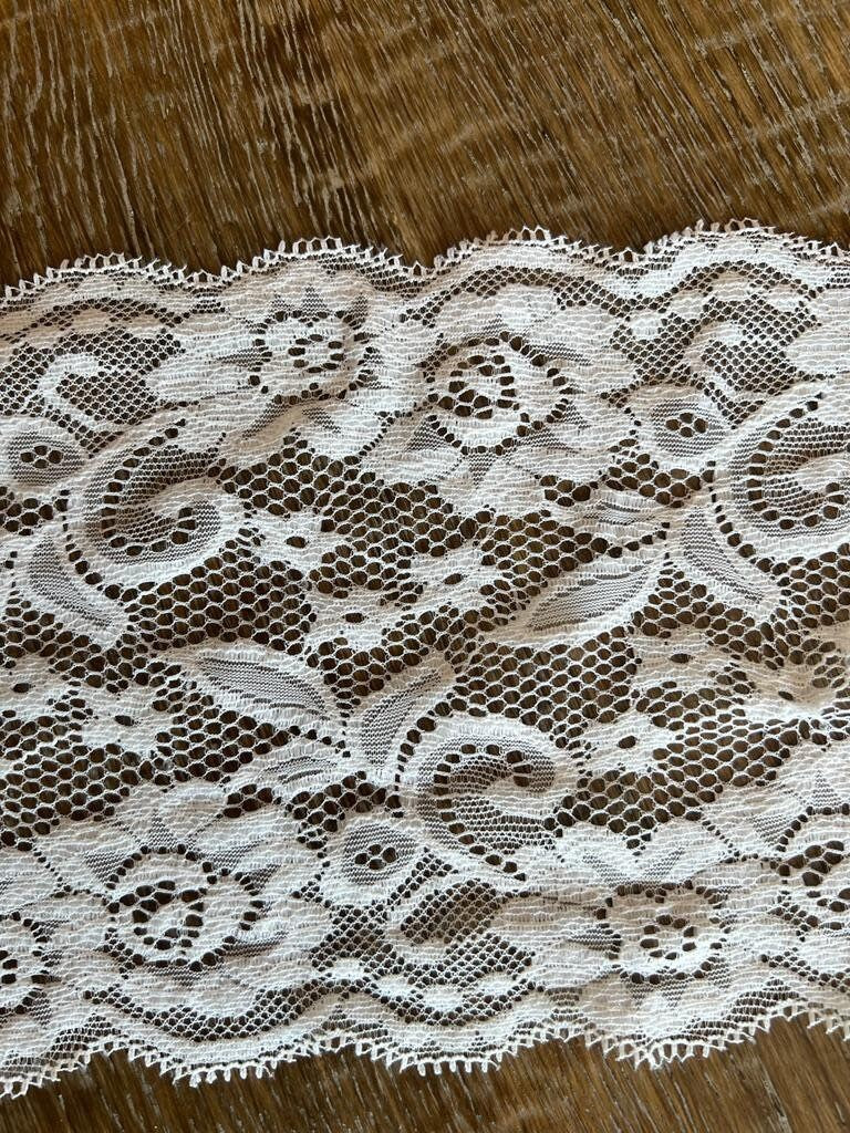 6" Floral Textured Stretch Lace Trim, Double Scalloped Edge
