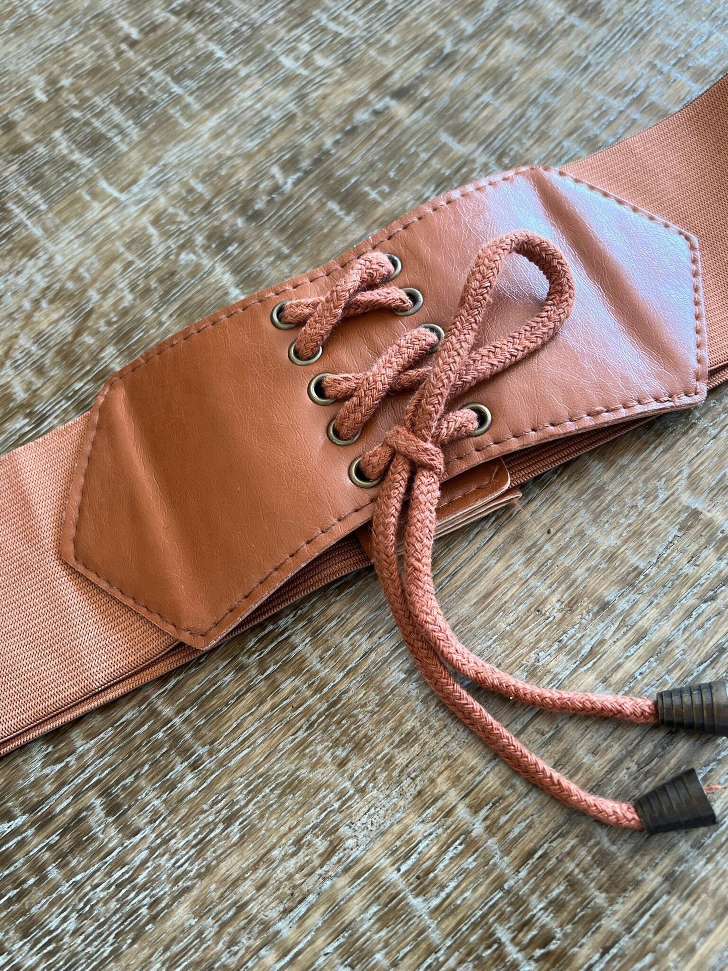 Tan Faux Leather Wide Corset Belt, Elastic Stretch Cord, UK 8-12