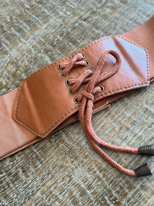 Tan Faux Leather Wide Corset Belt, Elastic Stretch Cord, UK 8-12