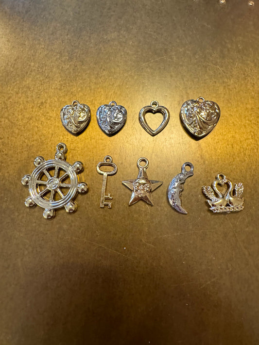 Charms, Jewellery Charms, Heart, Key, Gold, Silver, Plastic Charms, Sun, Moon