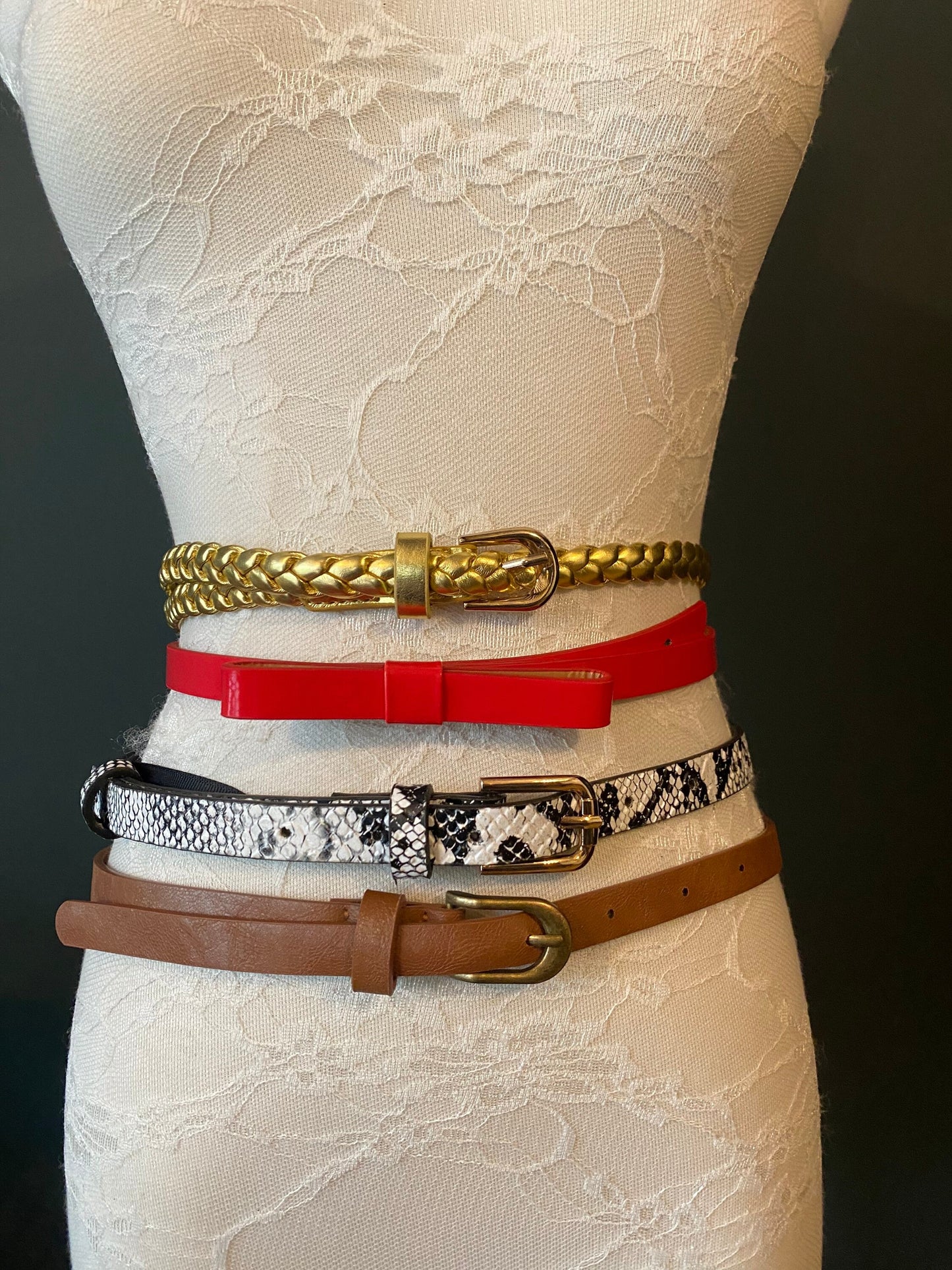Adjustable Fashion Belt, Gold Plaited, Red Bow, UK Size 6-12