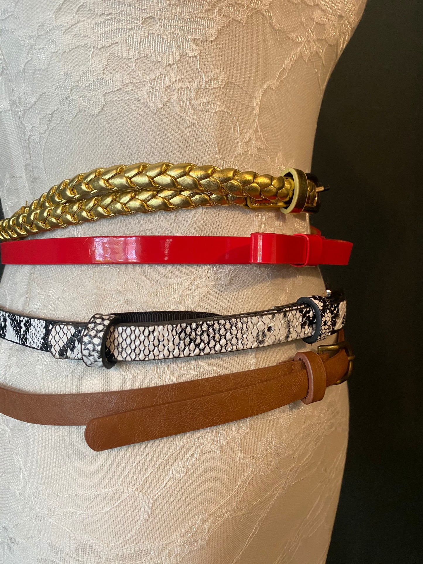 Adjustable Fashion Belt, Gold Plaited, Red Bow, UK Size 6-12