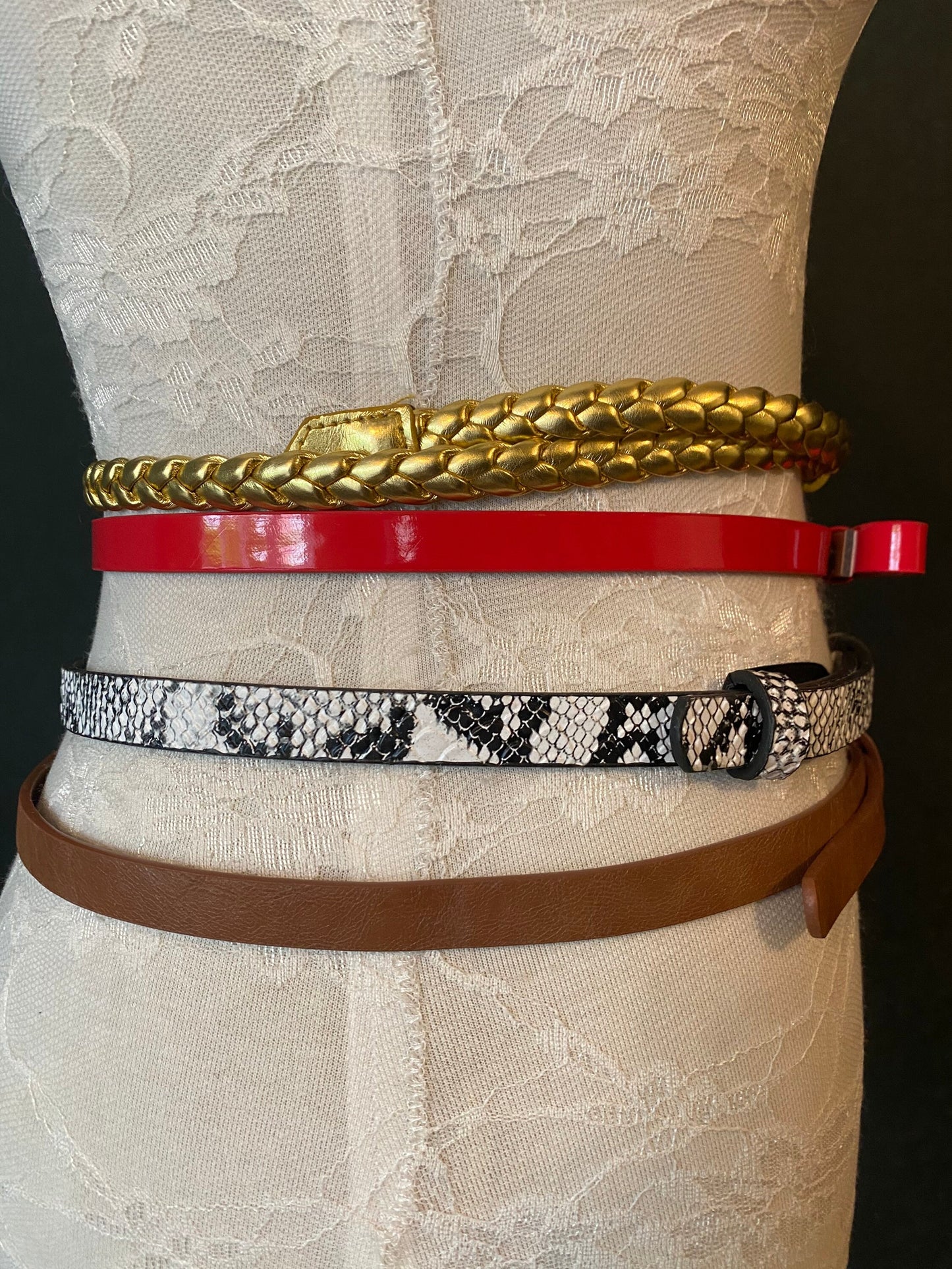 Adjustable Fashion Belt, Gold Plaited, Red Bow, UK Size 6-12