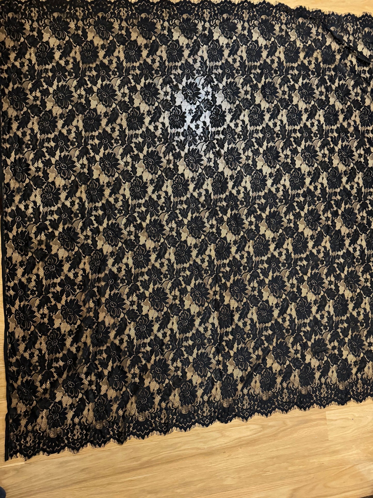 Black Eyelash Lace Fabric, 57" Wide, Scalloped Trim