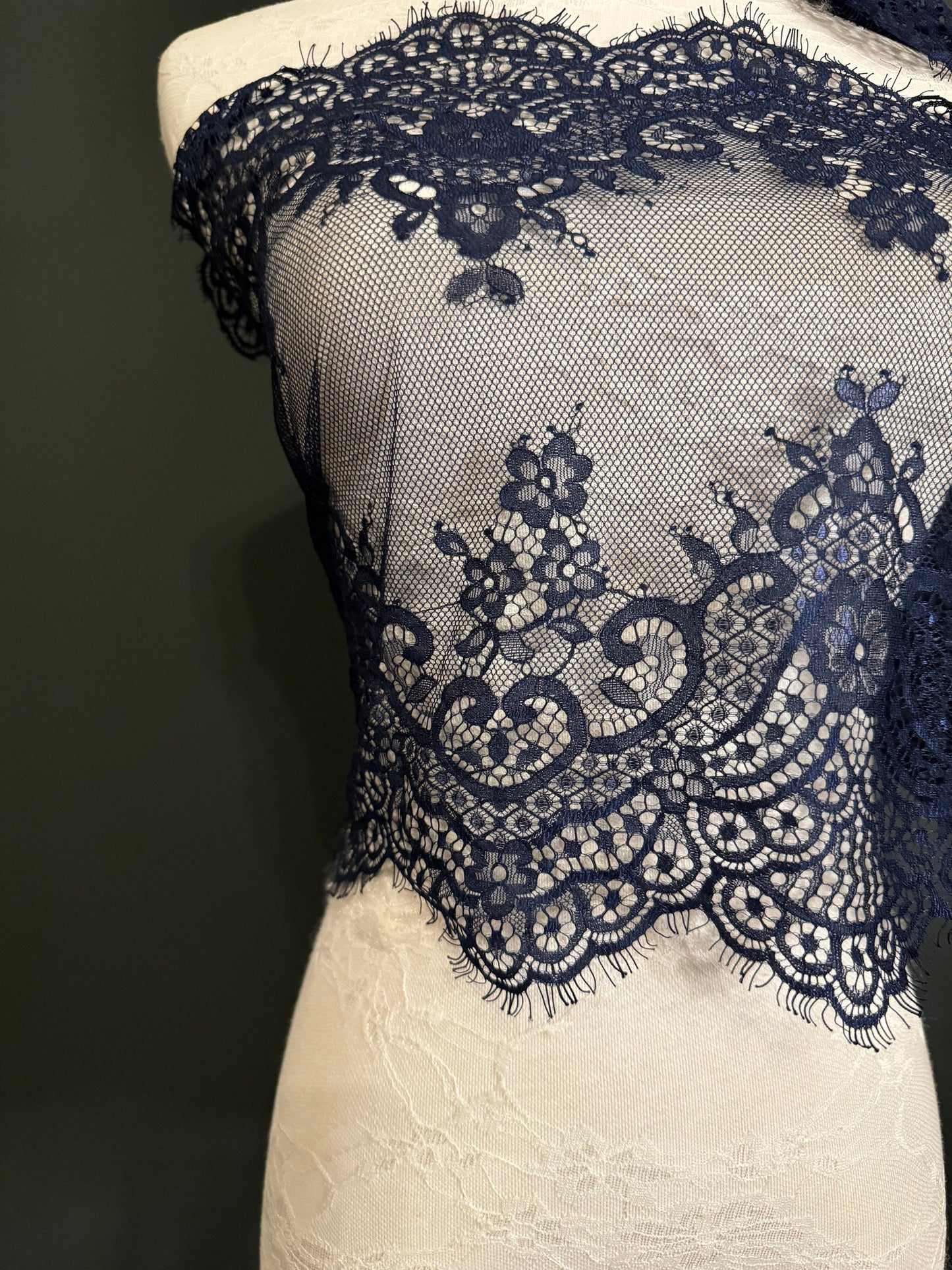 Navy Eyelash Lace Trim, 14" Wide, Double Scalloped
