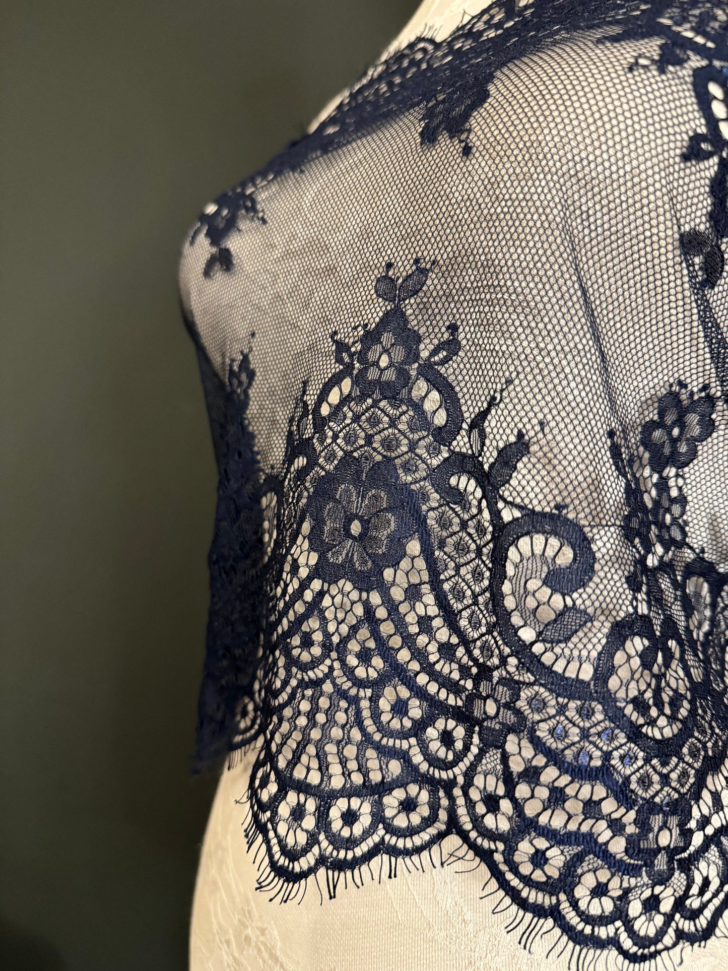 Navy Eyelash Lace Trim, 14" Wide, Double Scalloped