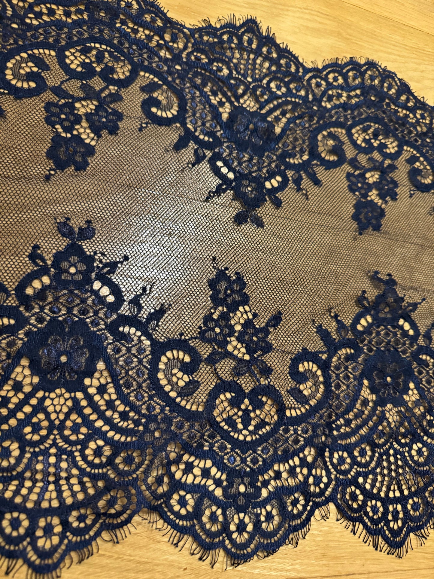 Navy Eyelash Lace Trim, 14" Wide, Double Scalloped