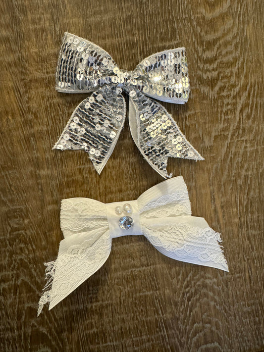 Bows, Sew on Bow, Sequin Bow, Gifts, Wrapping, Ribbon Bow, Silver, Cream