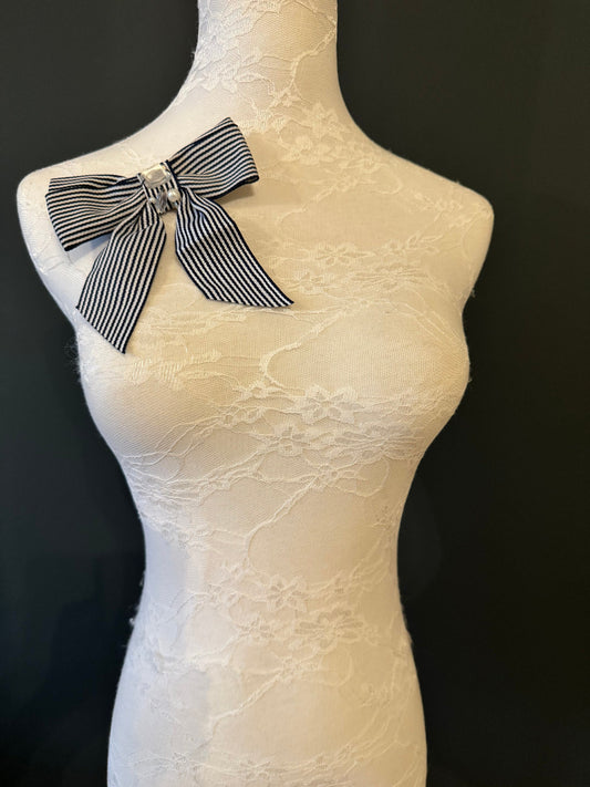 Bow Corsage, Pin on Bow, 5” Bow, Vintage Look, Nautical Theme, Navy White, Elegant Bow, Jewel, Pearl, Pin on Bow, 2024 Fashion, FAN Design