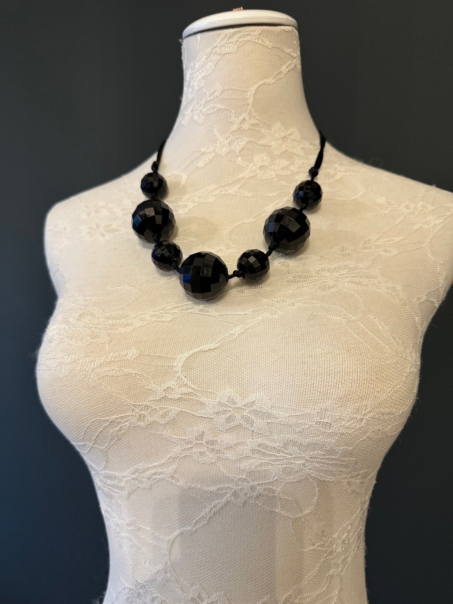 Black Faceted Bead Necklace, Vintage Style Statement Jewelry