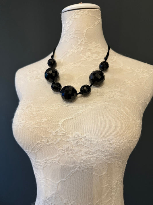 Black Faceted Bead Necklace, Vintage Style Statement Jewelry