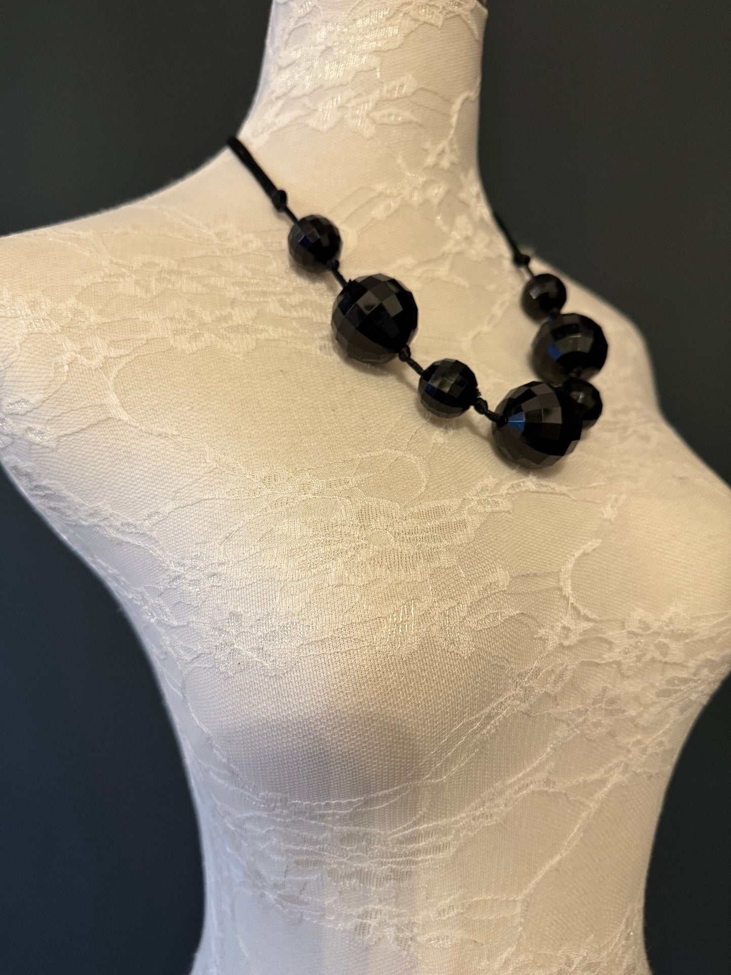 Black Faceted Bead Necklace, Vintage Style Statement Jewelry
