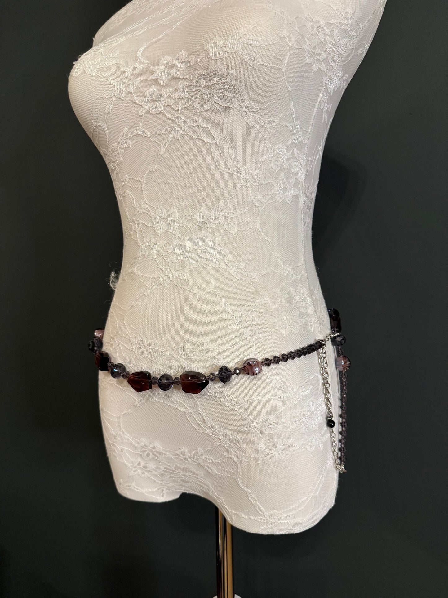 X-Long Beaded Dress Belt, Adjustable Chain, Fan Design