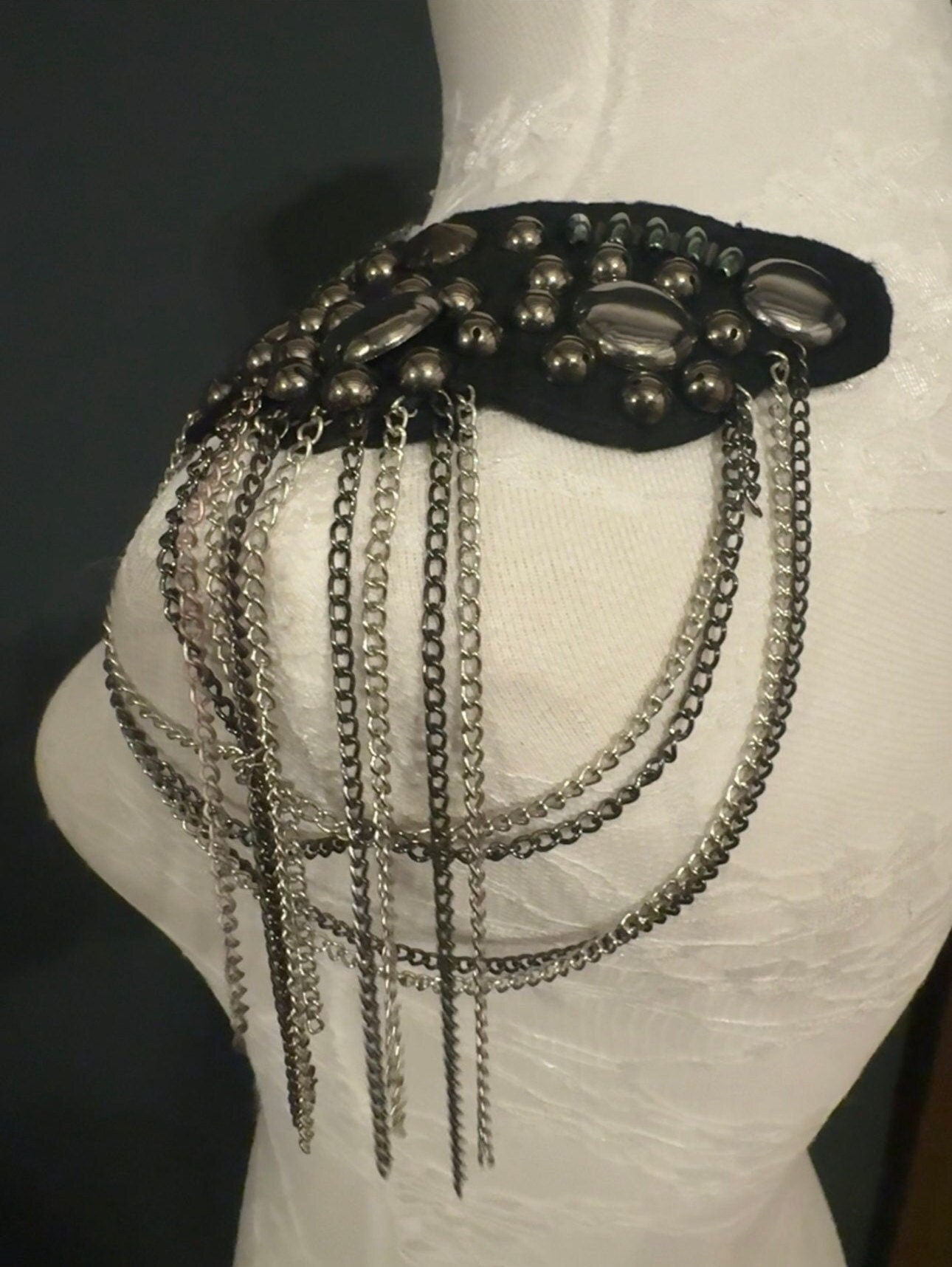 Studded Chain Shoulder Applique, Black Gunmetal Fan Design