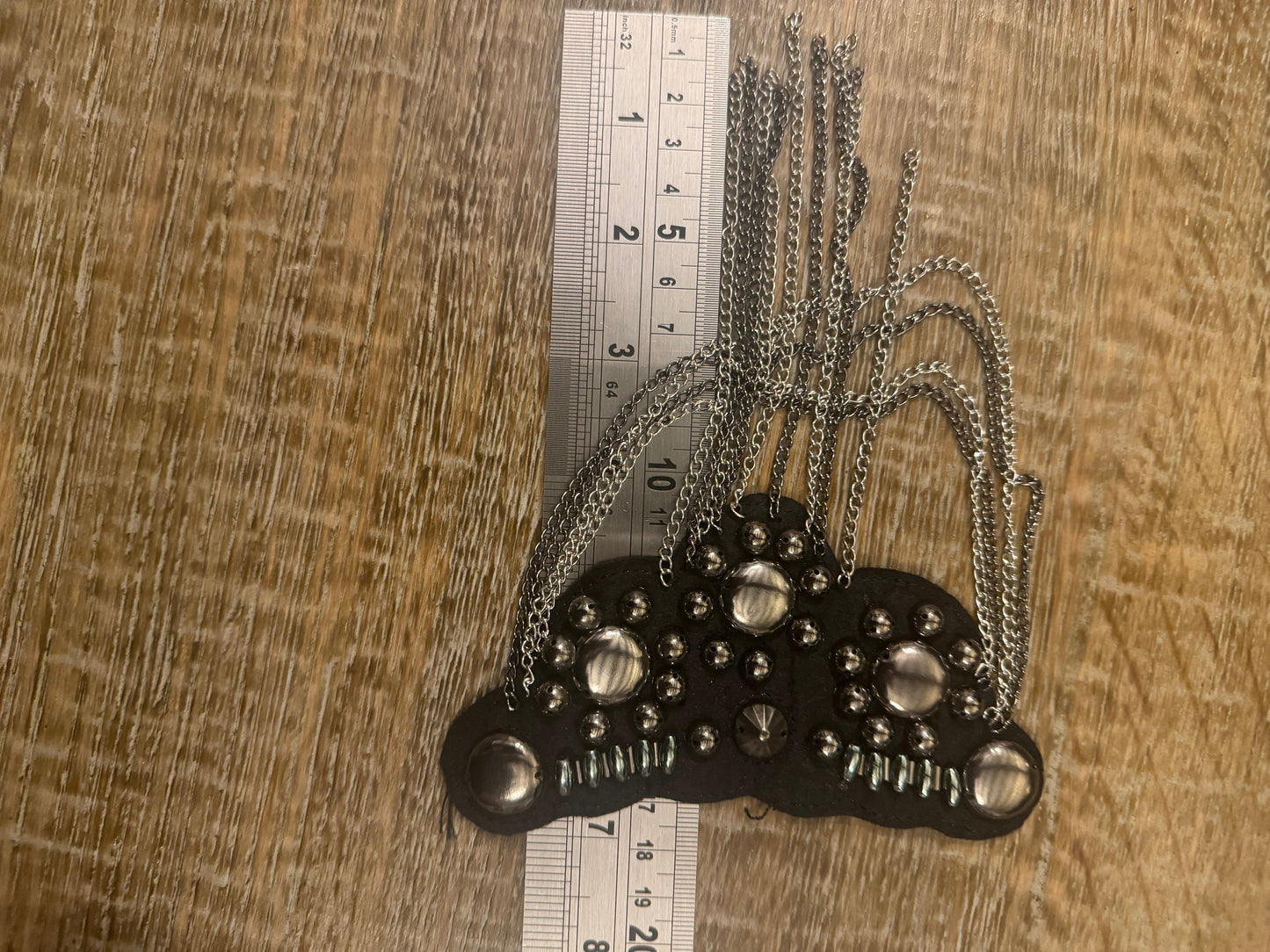 Studded Chain Shoulder Applique, Black Gunmetal Fan Design