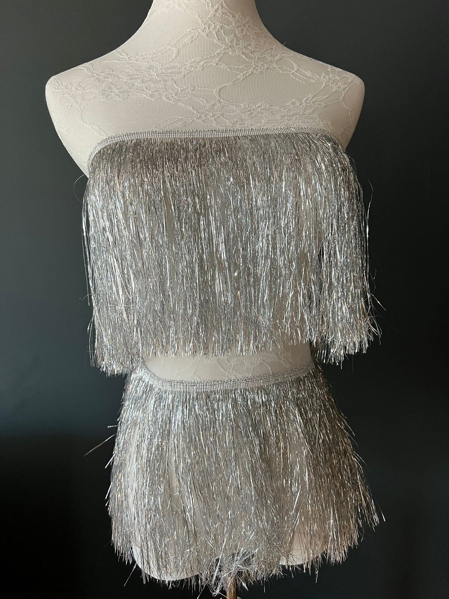 Silver Fringe Trim, 8" Wide, Dance Costume Accessory