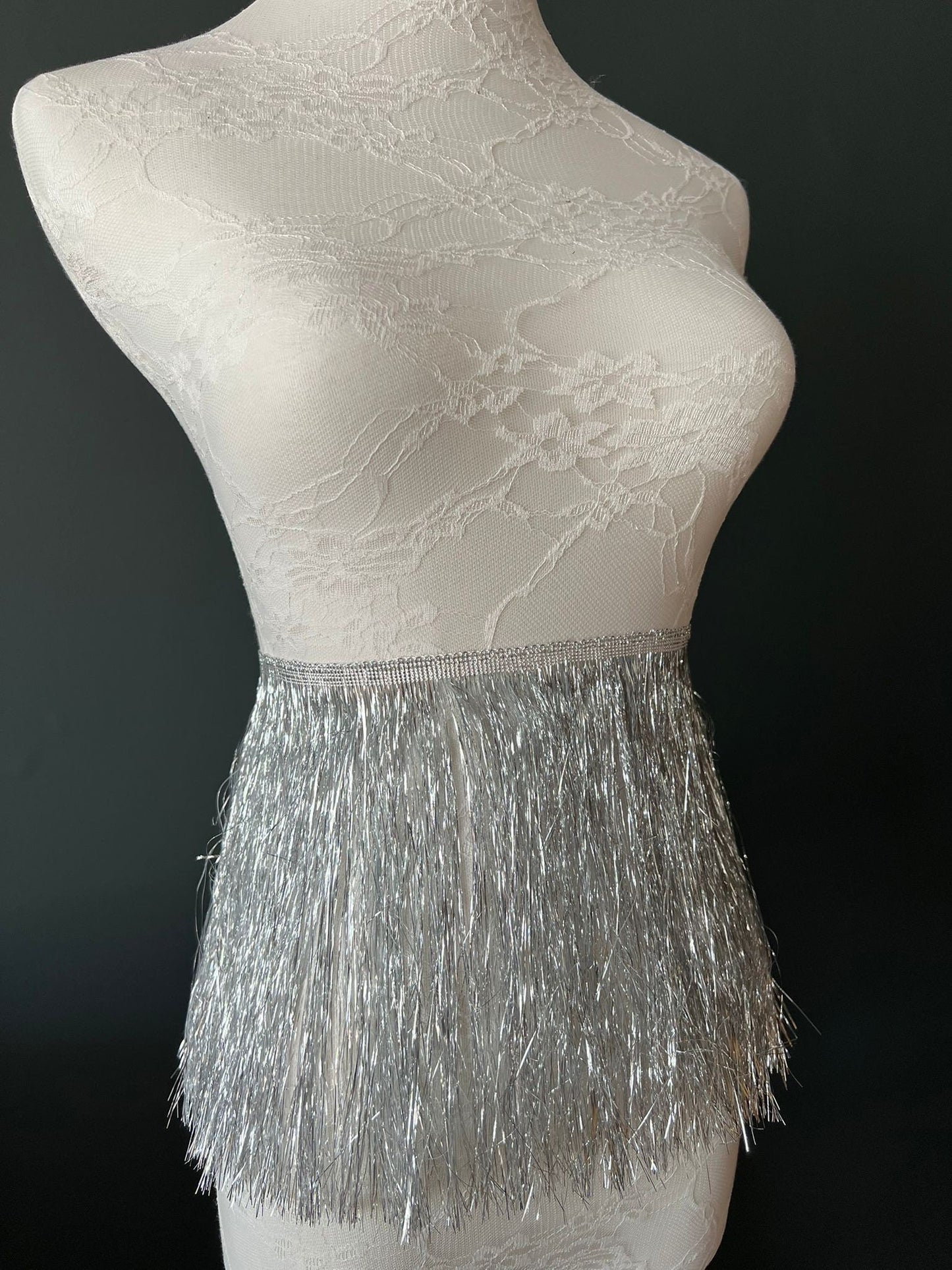Silver Fringe Trim, 8" Wide, Dance Costume Accessory