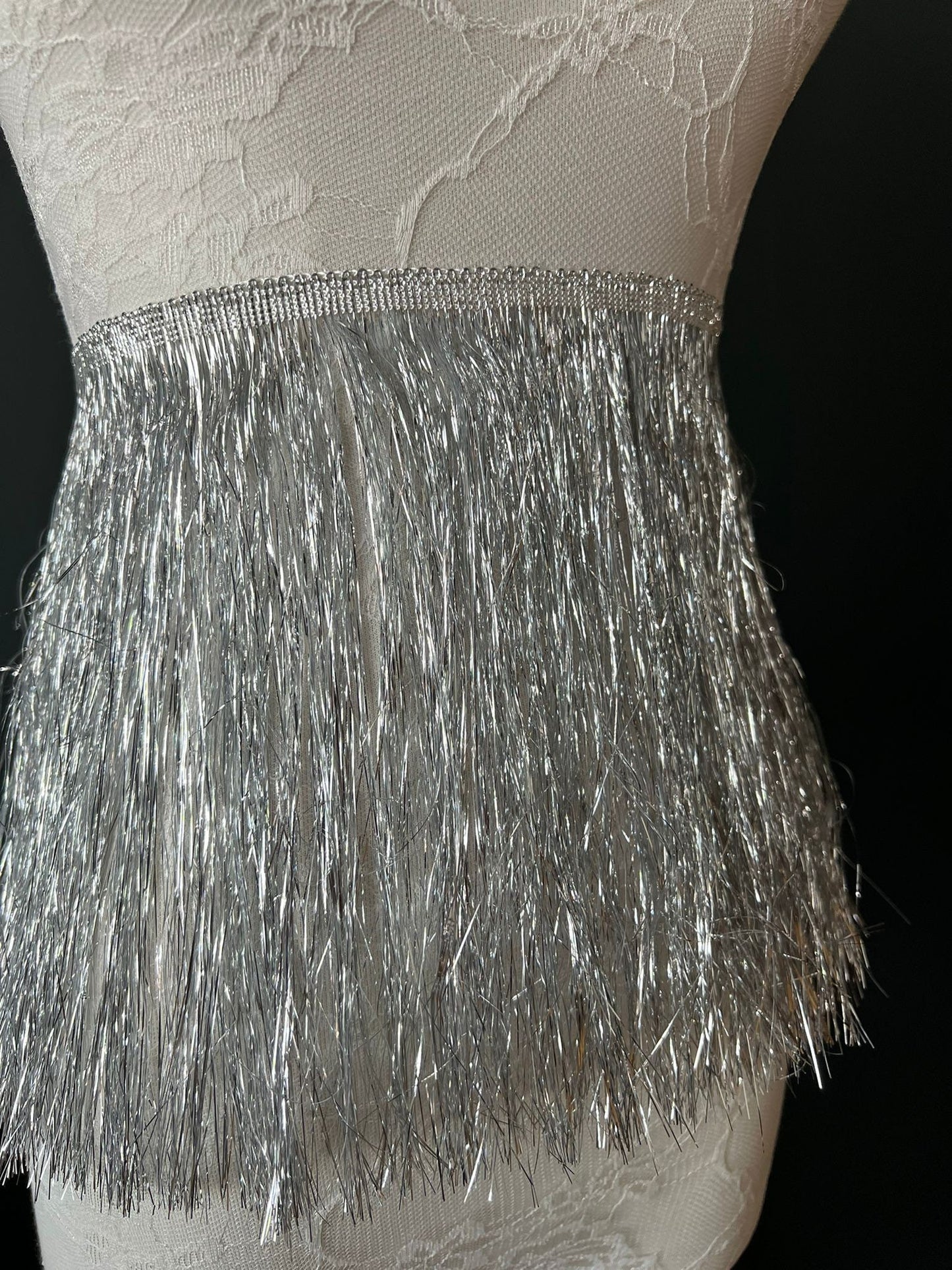 Silver Fringe Trim, 8" Wide, Dance Costume Accessory