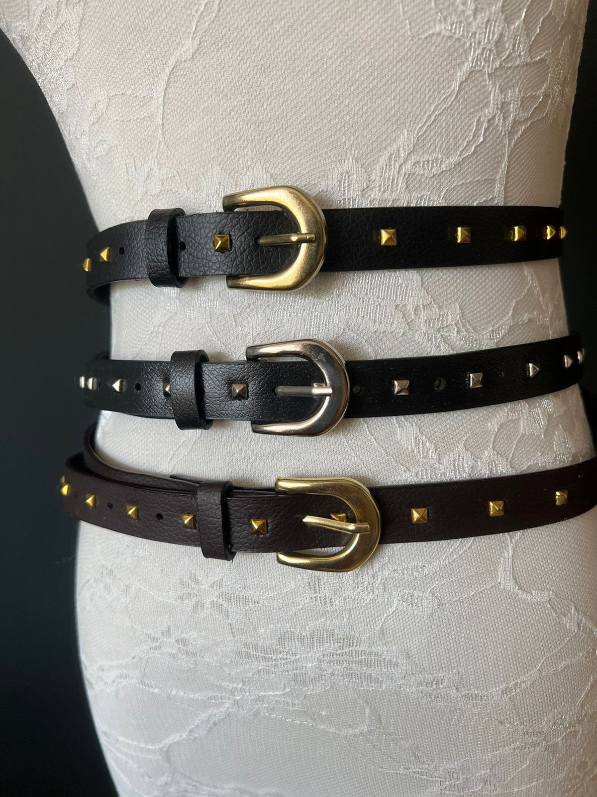 2cm Belt, Faux Leather Studded Belts - High Quality belts with studs for jeans, dresses & tops, black/silver, black/gold, brown/gold.Fashion
