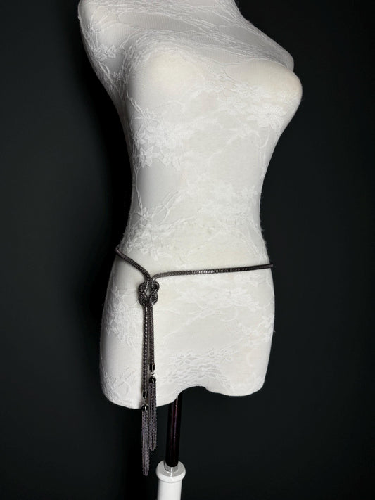 Tassel Chain Belt, Metal Chain Belt, Size 28”-46”, Fan Design, Fan Collection, Gunmetal Metal belt, Fashion Accessory