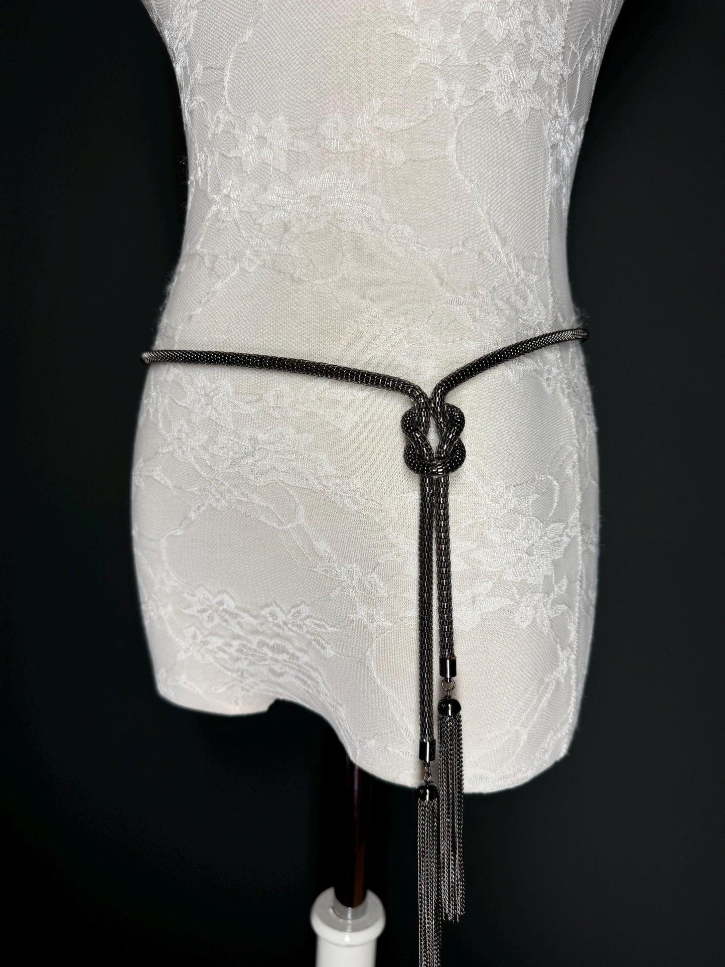 Tassel Chain Belt, Metal Chain Belt, Size 28”-46”, Fan Design, Fan Collection, Gunmetal Metal belt, Fashion Accessory