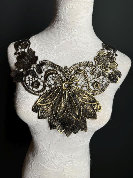 Gold Black Appliqué, Bridal Style, Guipure, Neck trimming, Black Collar, Vintage Style, Sew on, Clothing, Dresses, Art, Crafts, Neck Wear