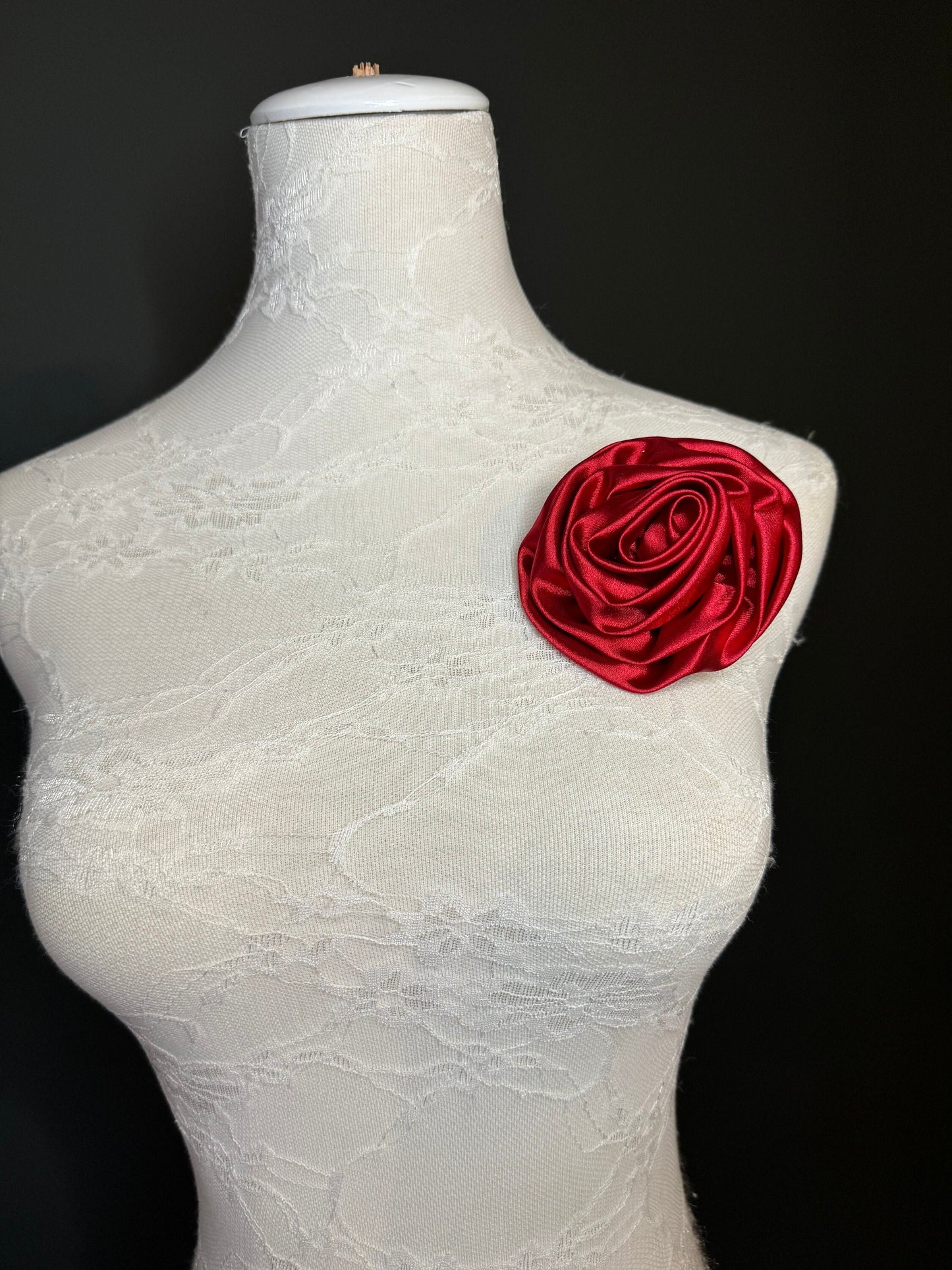 Red Satin Flower Corsage, Bridal Pin, Fashion Accessory (5” Wide)