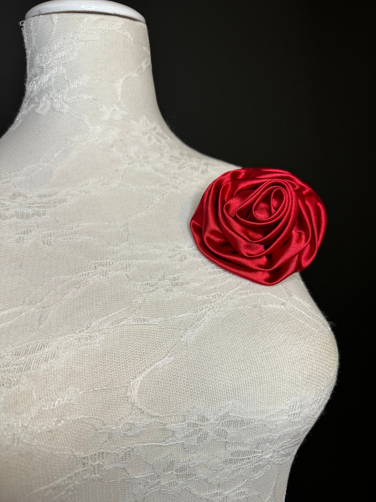 Red Satin Flower Corsage, Bridal Pin, Fashion Accessory (5” Wide)