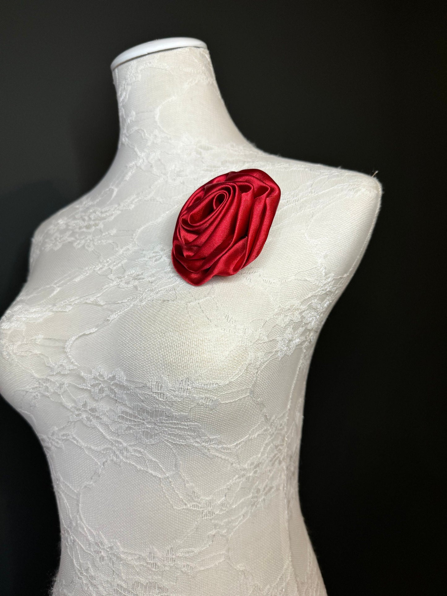 Red Satin Flower Corsage, Bridal Pin, Fashion Accessory (5” Wide)