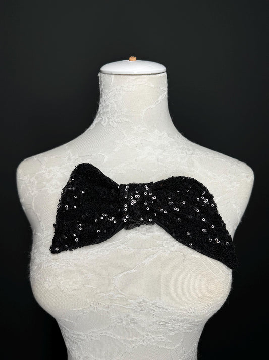Large Sequins Bow, 8” x 5”, Sequin Fabric Pin on Bow, Clothing, Dress, Hat, FAN Design, Handmade in UK, Black, Bow Corsage