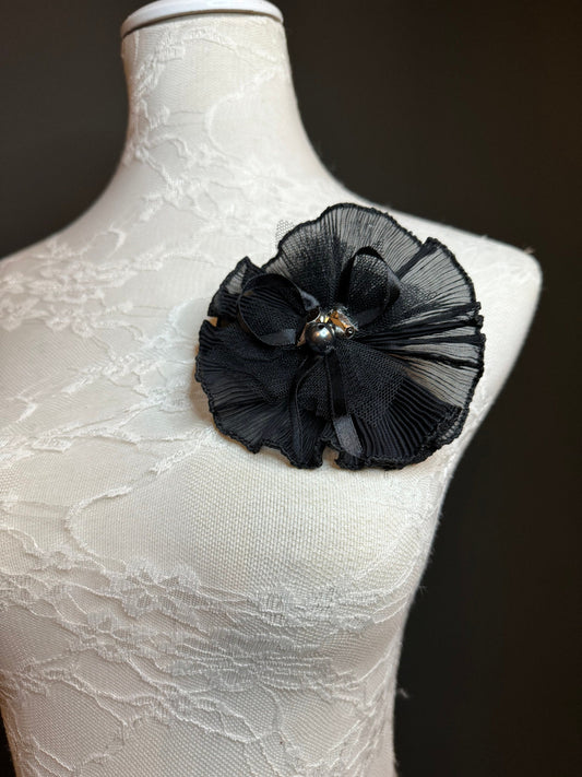 Pin on Black Corsage, Pleated Oraganza Brooch, Pin on brooch, corsage flower pin on, black, Hats, Bags, Dresses, Gift, Fashion