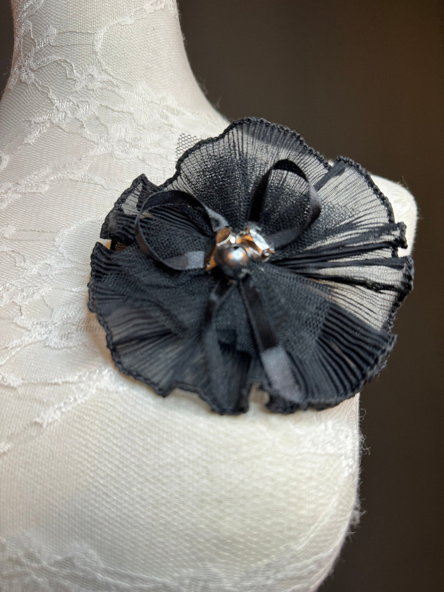 Pin on Black Corsage, Pleated Oraganza Brooch, Pin on brooch, corsage flower pin on, black, Hats, Bags, Dresses, Gift, Fashion