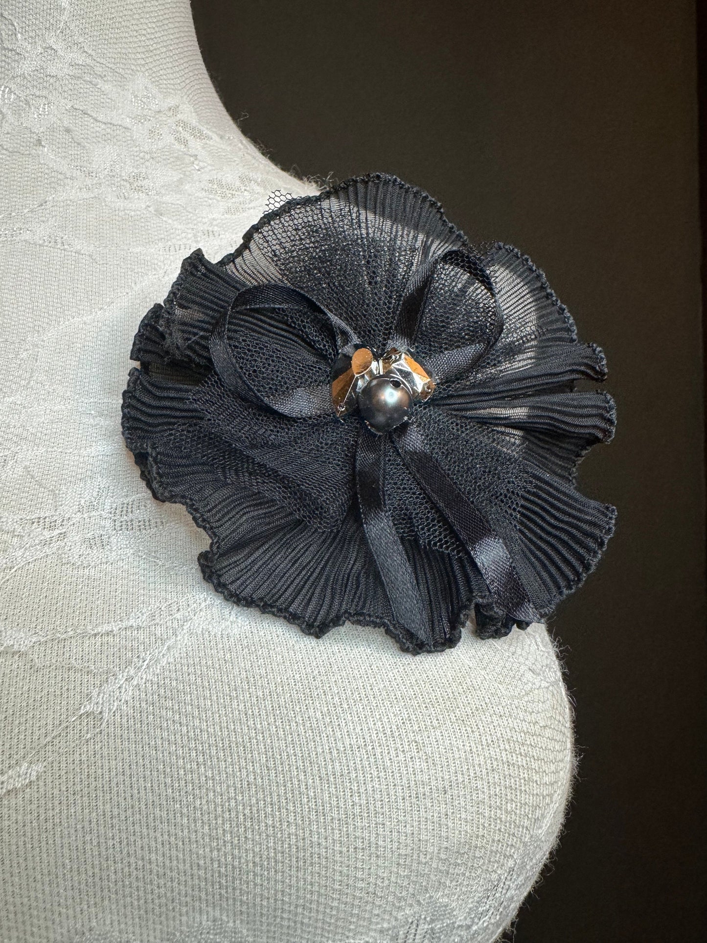 Pin on Black Corsage, Pleated Oraganza Brooch, Pin on brooch, corsage flower pin on, black, Hats, Bags, Dresses, Gift, Fashion