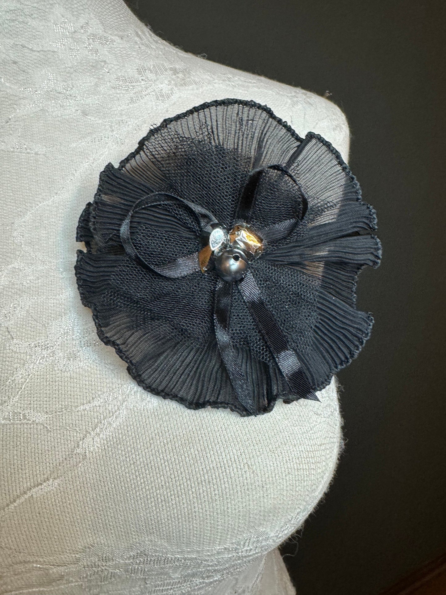 Pin on Black Corsage, Pleated Oraganza Brooch, Pin on brooch, corsage flower pin on, black, Hats, Bags, Dresses, Gift, Fashion