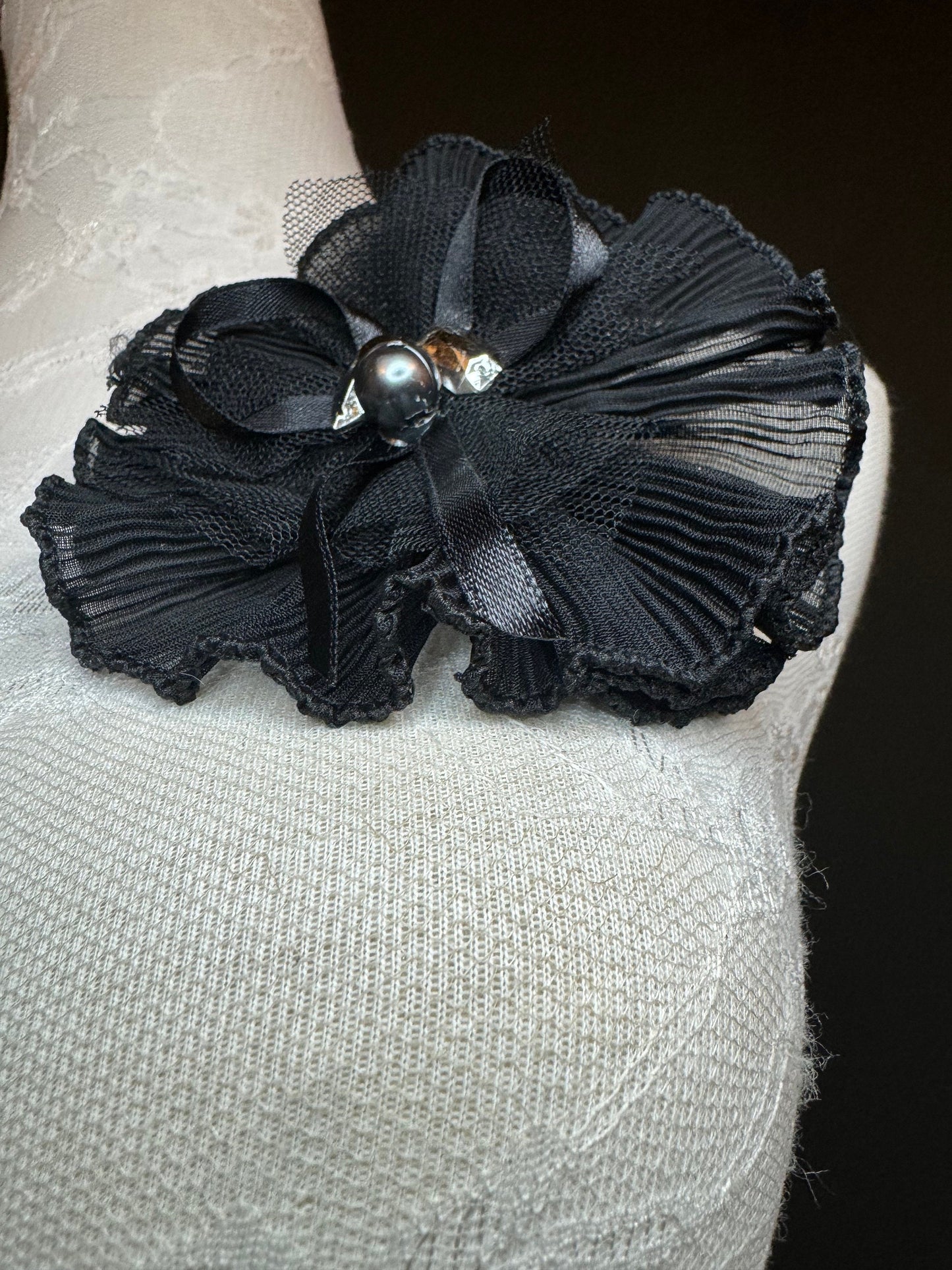 Pin on Black Corsage, Pleated Oraganza Brooch, Pin on brooch, corsage flower pin on, black, Hats, Bags, Dresses, Gift, Fashion