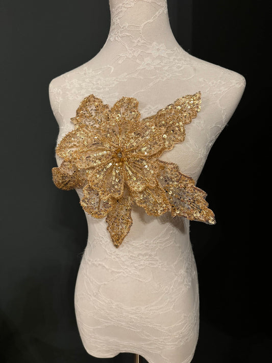 Large 3D Corsage Flower, Gold, White, 10” Wide, 25cm, Beaded Pin on Corsage, Bridal, Clothing, Dress, Hat, FAN Design, FAN Collection
