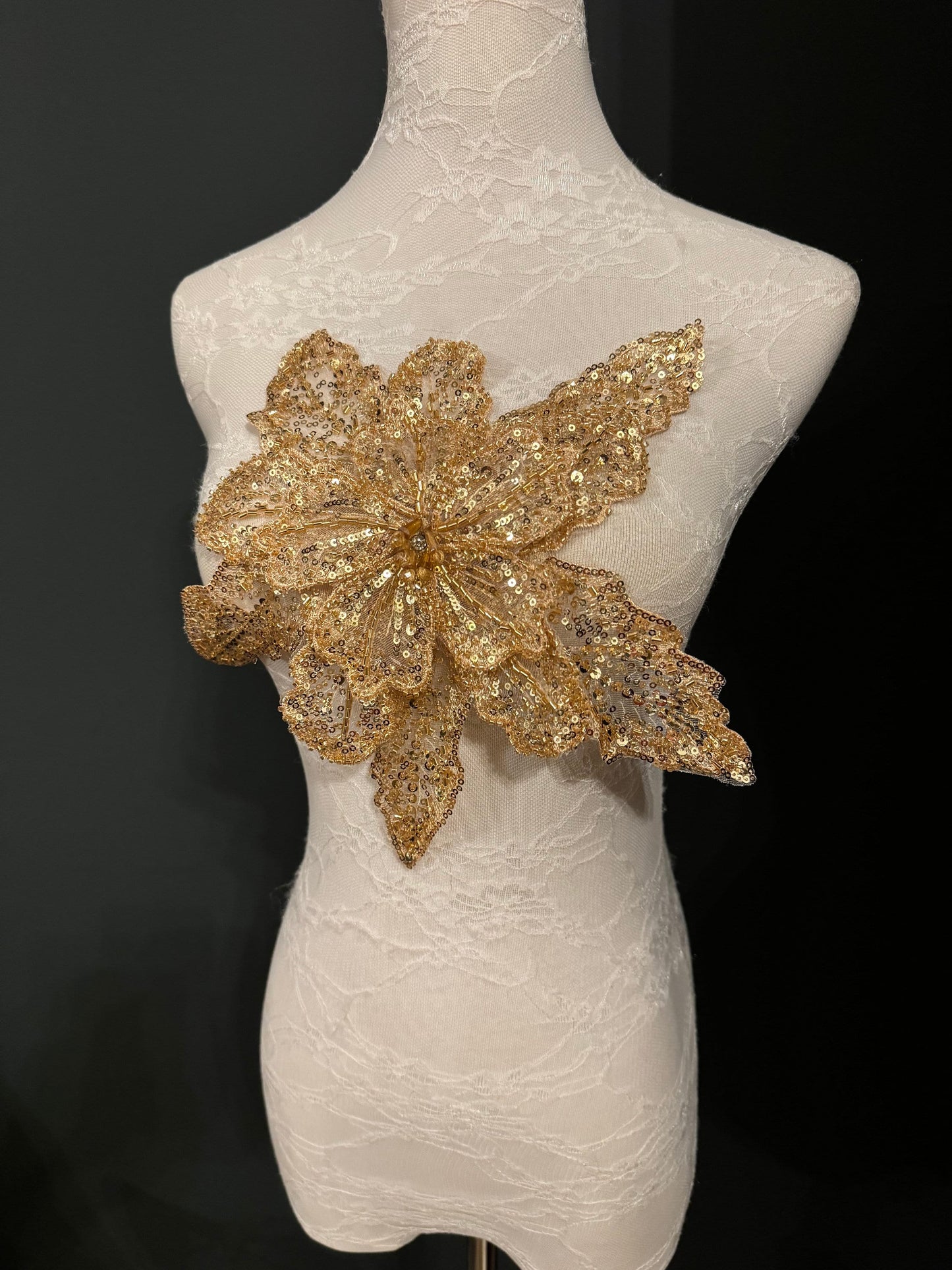 Large 3D Corsage Flower, Gold, White, 10” Wide, 25cm, Beaded Pin on Corsage, Bridal, Clothing, Dress, Hat, FAN Design, FAN Collection