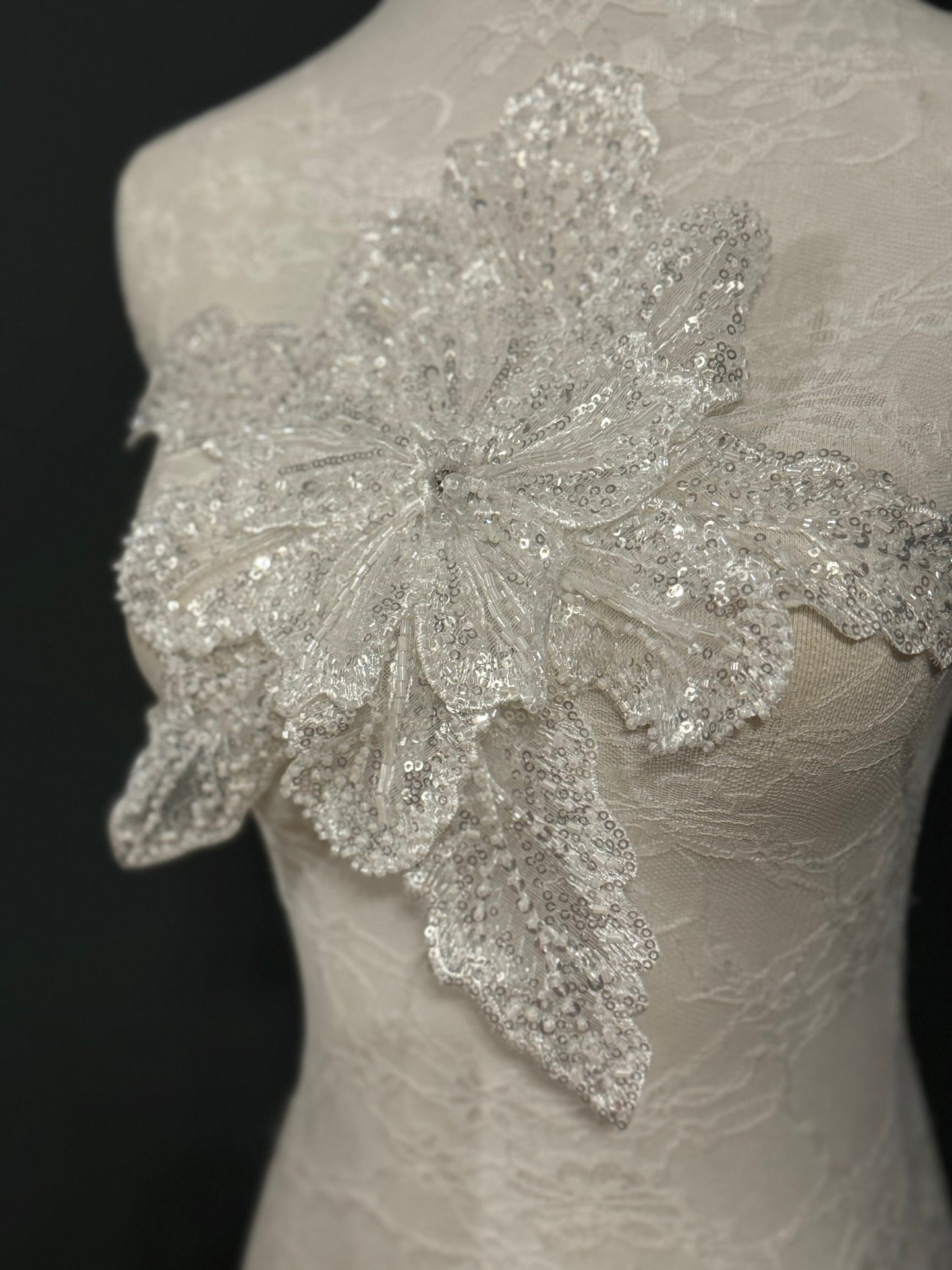 Large 3D Corsage Flower, Gold, White, 10” Wide, 25cm, Beaded Pin on Corsage, Bridal, Clothing, Dress, Hat, FAN Design, FAN Collection