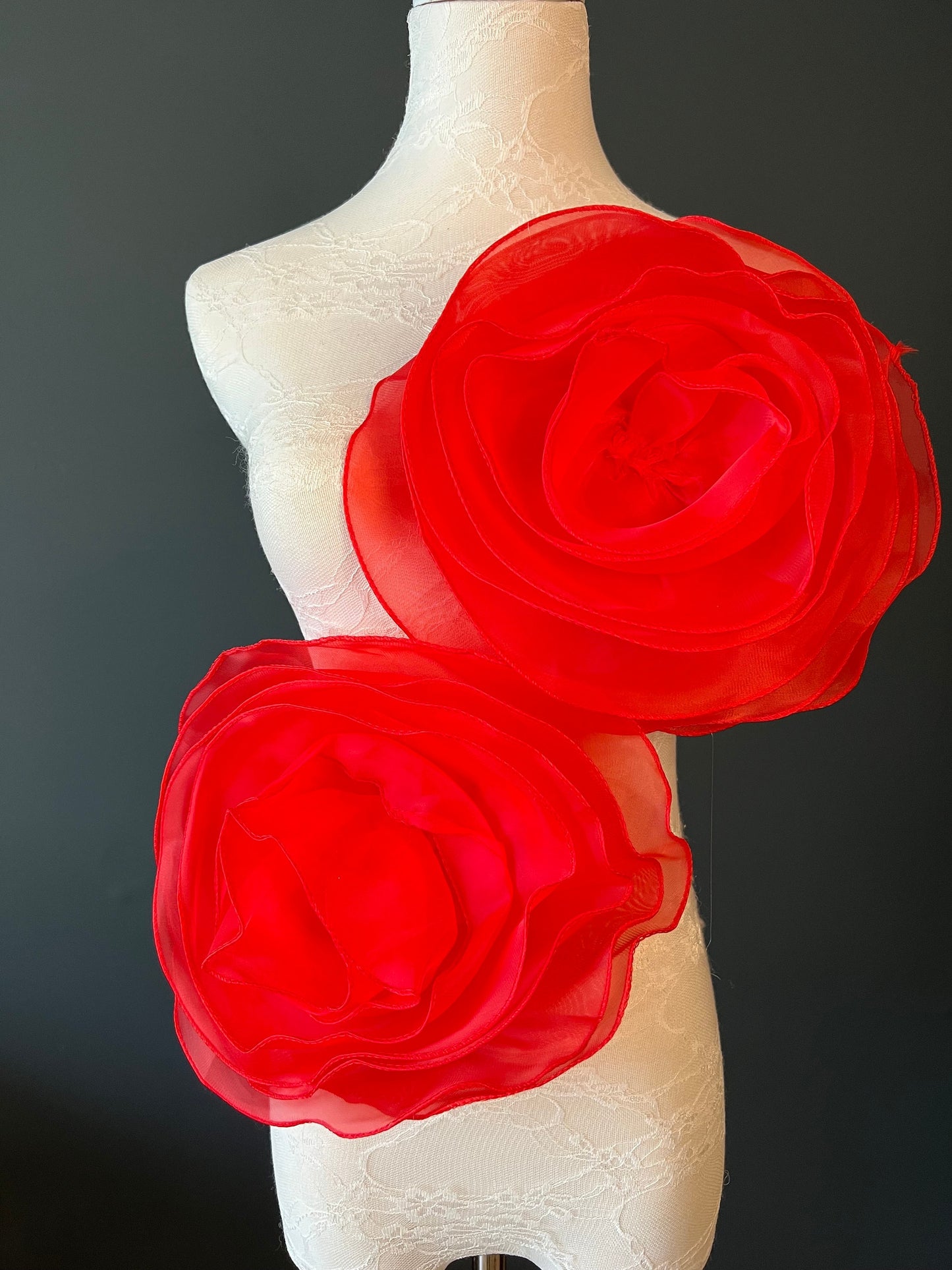 Large 3D Corsage Flower, Red, 10” Wide, Pin on Corsage, Bridal, Clothing, Dress, Hat, Accessory, FAN Design