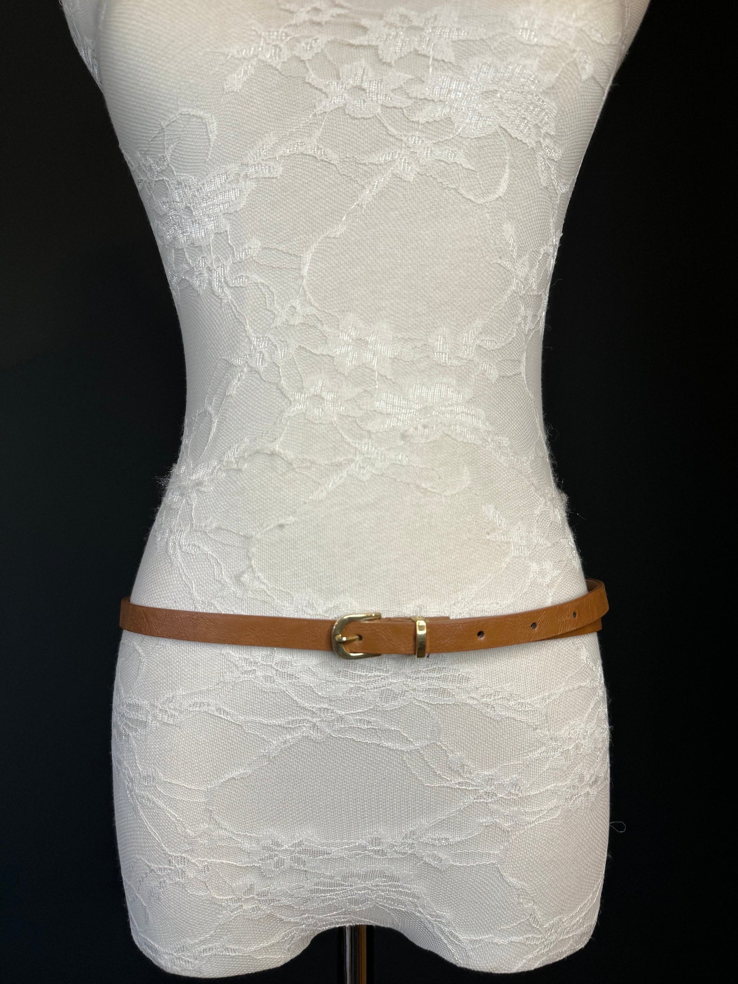 Tan Vegan Skinny Belt, Gold Buckle, UK Size 10-16