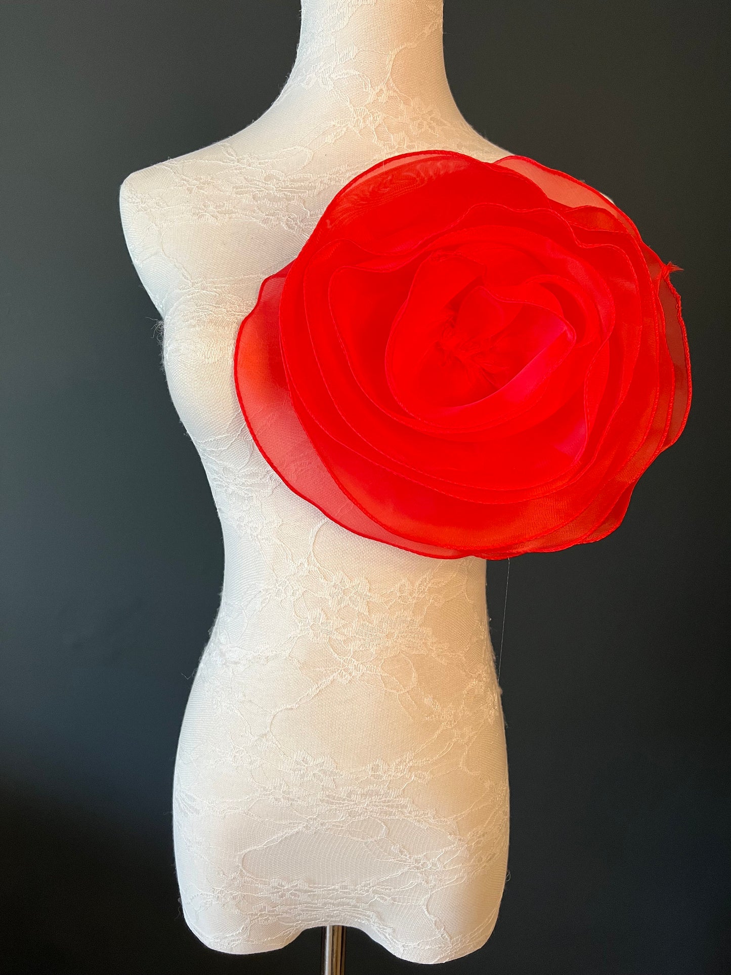 Large 3D Corsage Flower, Red, 10” Wide, Pin on Corsage, Bridal, Clothing, Dress, Hat, Accessory, FAN Design