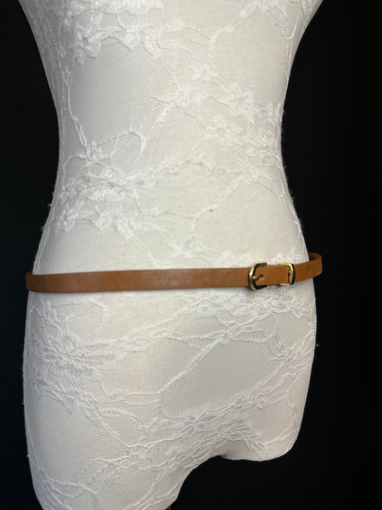 Tan Vegan Skinny Belt, Gold Buckle, UK Size 10-16