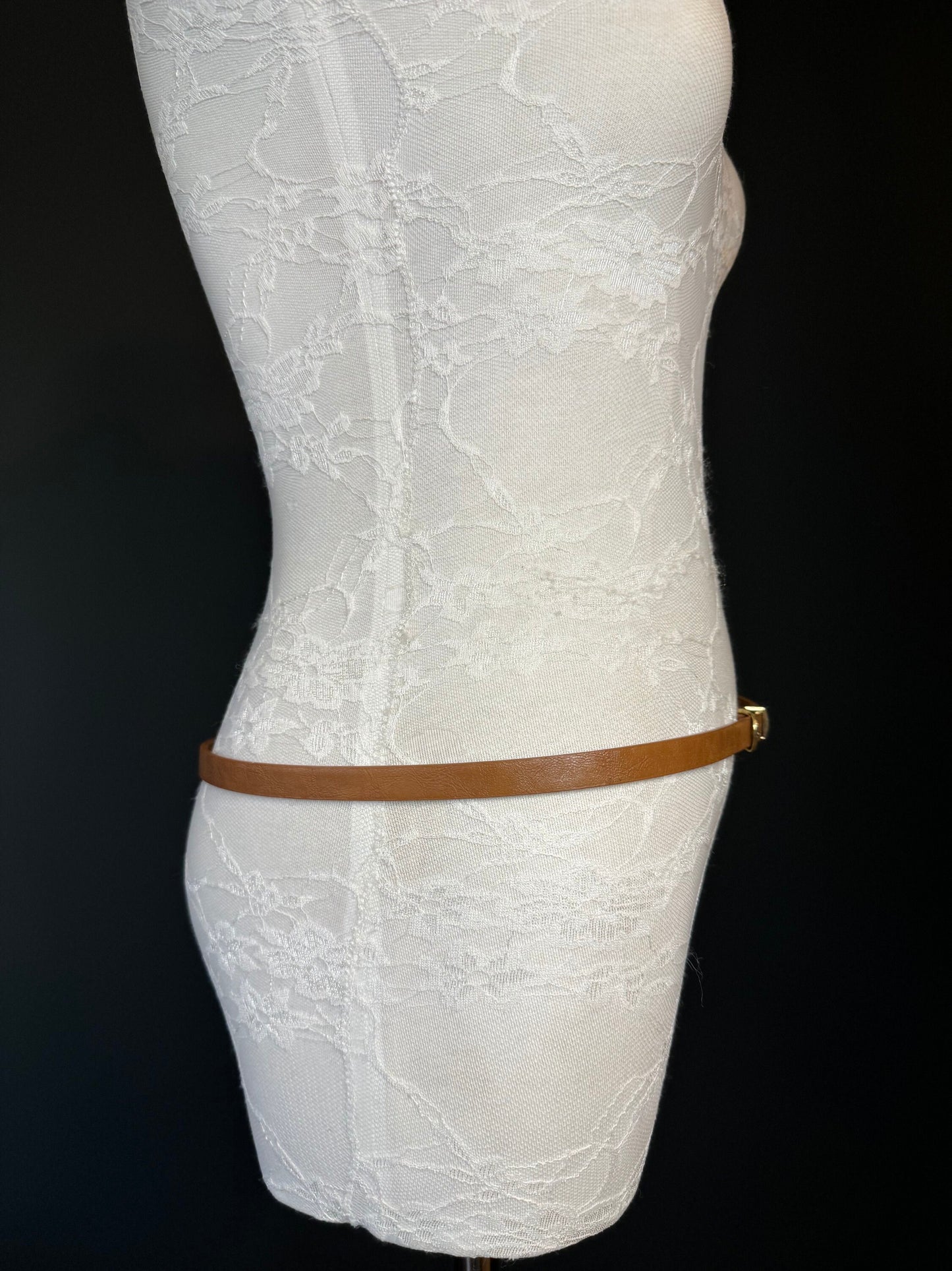 Tan Vegan Skinny Belt, Gold Buckle, UK Size 10-16