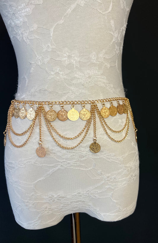 Belly Chain, Gold, Silver, Coin detail 18-40 inch, Handmade, Festival, Dance, Costume, Belt