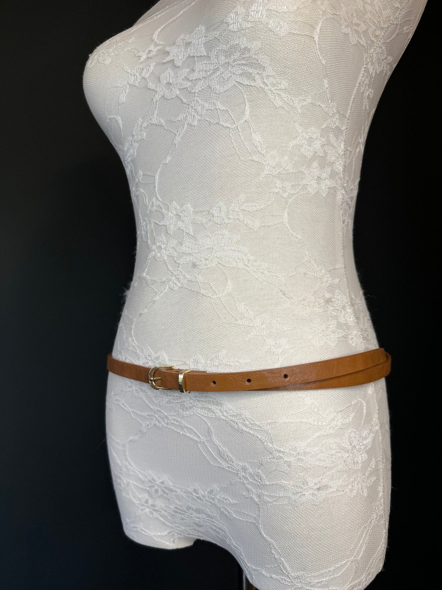 Tan Vegan Skinny Belt, Gold Buckle, UK Size 10-16