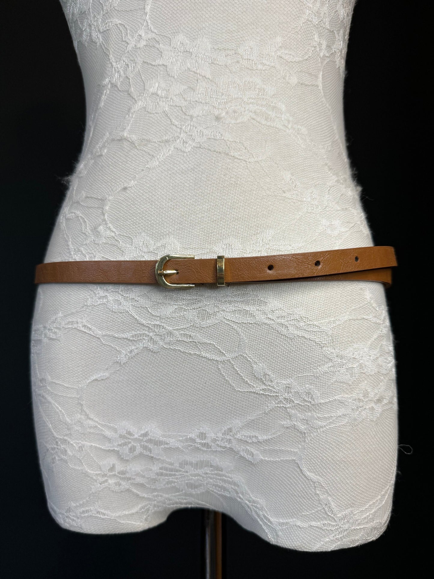Tan Vegan Skinny Belt, Gold Buckle, UK Size 10-16
