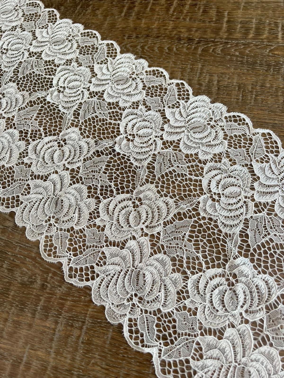 Lace, Stretch Lace, 8” Wide, Black, Ivory, Fashionable Lace, 21cm Wide Lace, Floral Lace