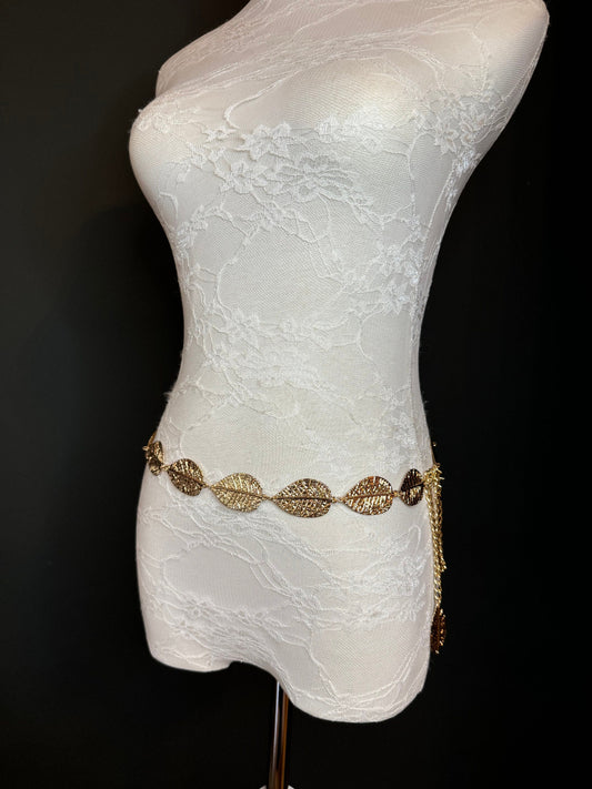 X-Long Leaf Chain Belt, Metal Leaf Design, Swimwear, Dresses, FAN Design, Belt, Dress Belt, Gift, Silver, Gold, Bridal