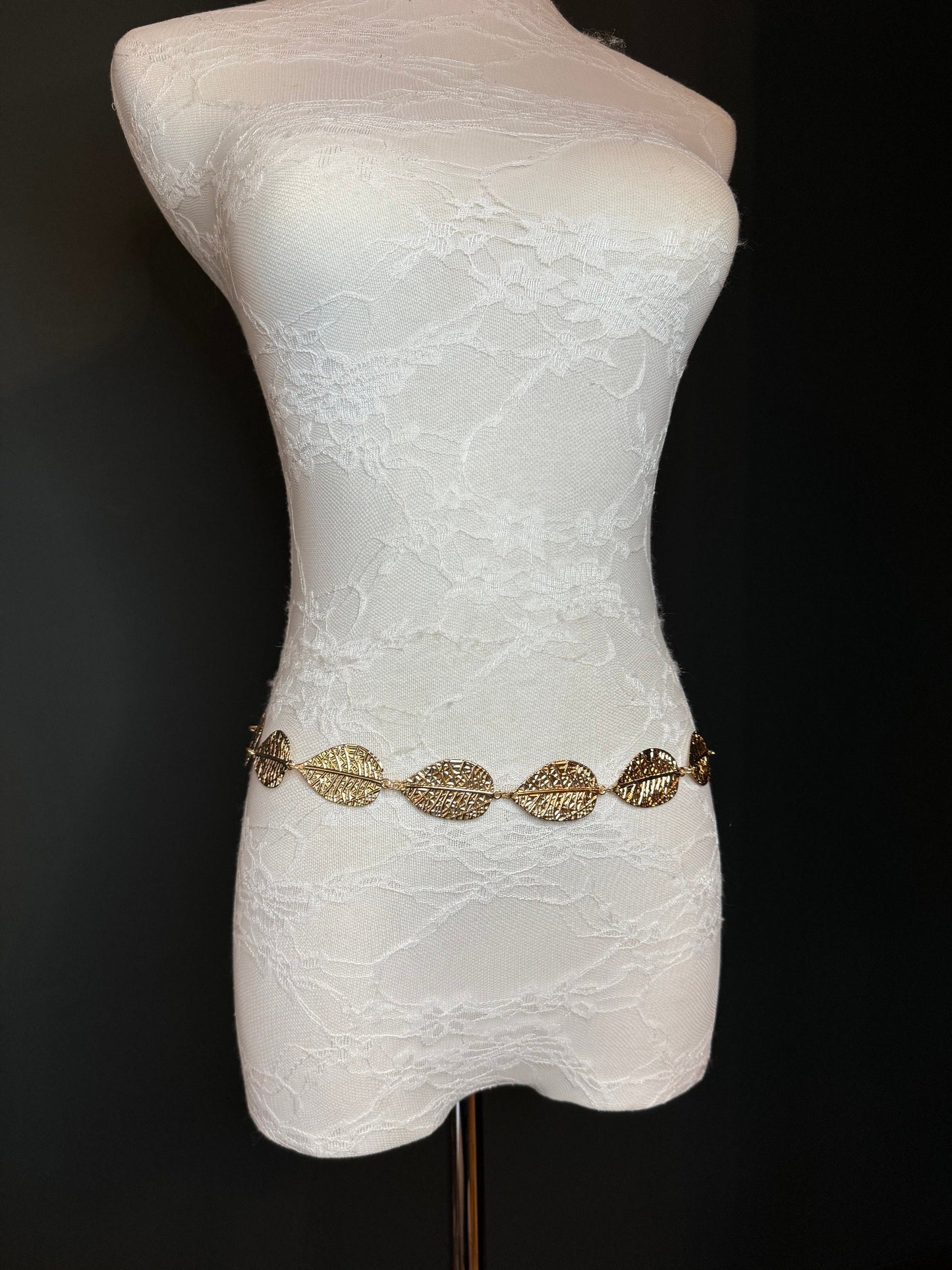 X-Long Leaf Chain Belt, Metal Leaf Design, Swimwear, Dresses, FAN Design, Belt, Dress Belt, Gift, Silver, Gold, Bridal